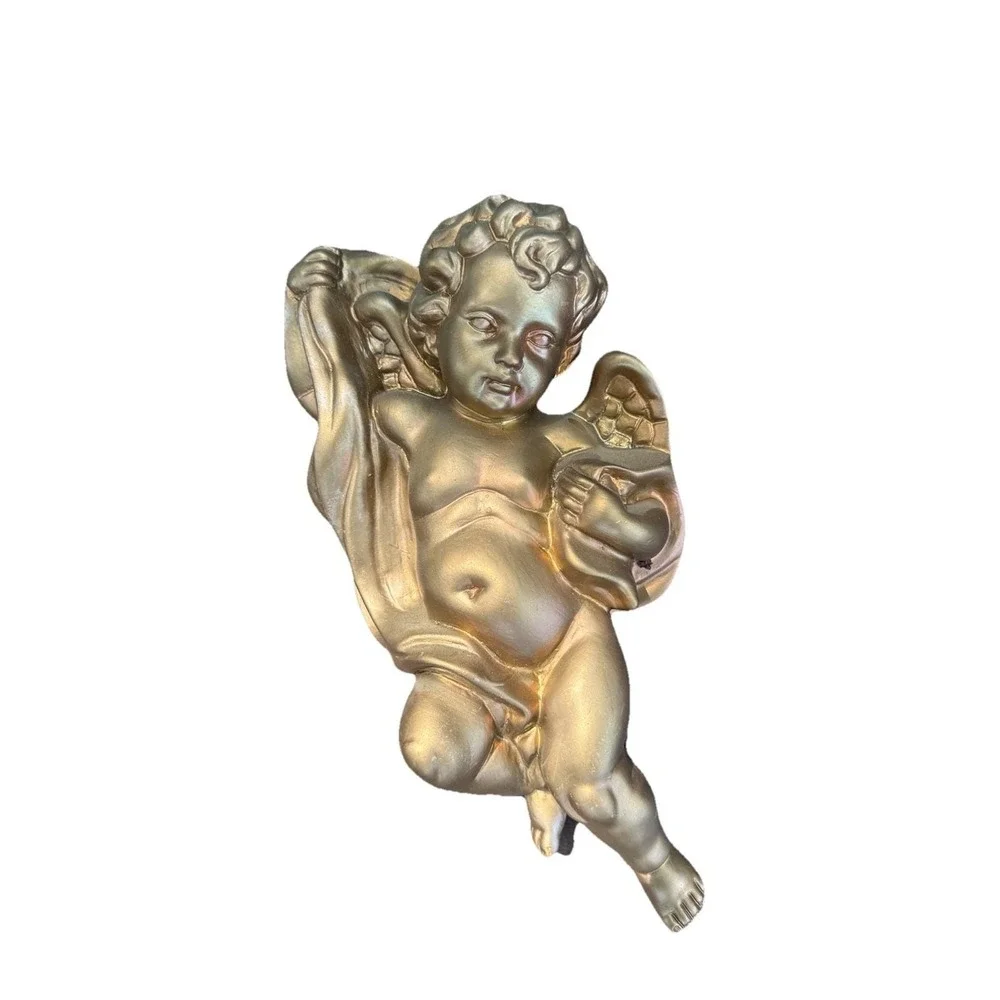Vintage Homco #1120 Wall Hanging Decor Gold Cherub‎ Angels Wall Pocket Ornate